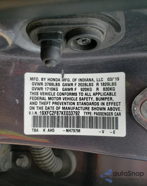 2019 Honda Civic Sport из США, поврежденный, VIN 19XFC2F87KE033792